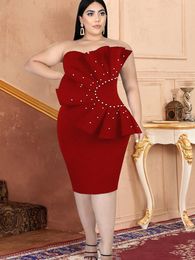 Plus Size Dresses Strapless Sexy Bodycon Knee Lenght Ruffles Beads Tube Top Evening Party Event Gowns For Ladies 2022Plus