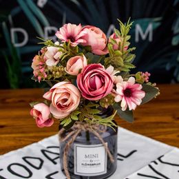 Decorative Flowers & Wreaths Rose Bouquet Artificial Peony Silk DIY Pink Hydrangea Plastic Fake Home Wedding Decoration Bride Holding