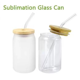 sublimation 12oz 16oz glass can glass tumbler with bamboo lid reusable straw beer Can Transparent frosted Soda Can Cup drinking cup