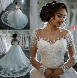 2022 New Dubai Elegant Long Sleeves A-line Wedding Dresses Sheer Crew Neck Lace Appliques Beaded Vestios De Novia Bridal Gowns with Buttons B0408