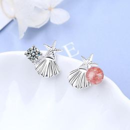 Stud Cute 925 Sterling Silver Earrings For Women Jewelry Asymmetry Shell Starfish Pink Crystal Earring Girl Fashion GiftsStud Moni22