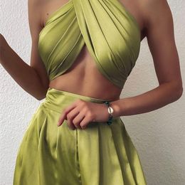 HOVON Slik Elastic Strapless Tracksuit Sexy Two Piece Set Women Halter Cross Backless Top And Wide Leg Pant Suit Summer Outfits 220602