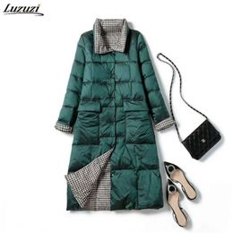 Luzuzi Women Double Sided Long Down Jacket Winter Turtleneck Plaid White Duck Down Coat Female Warm Parkas Snow Outerwear 201128