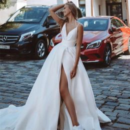 2022 Elegant Wedding Dresses for Women Bridal Gowns Side Split Spaghetti Straps A Line Summer Beach Robe de Mariage