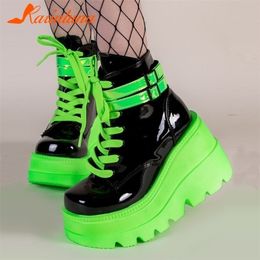 Luxury Brand Female Platform Green Ankle Boots Fashion Zip Laceup High Heels Womens Boots Party Goth Wedges Shoes Woman 220815