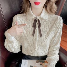 Women's Blouses & Shirts Lace Brushed Long-sleeved Shirt Women 2022 Autumn And Winter Bow Knot Hollow Doll Collar Beaded Top BlouseWomen's