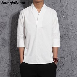 NaranjaSabor Summer Spring Fashion Mens Kimono Shirts Loose Sevenquarter Sleeve Shirt Men Blouse Brand Clothing N569 220813