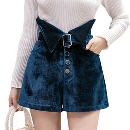 QOERLIN S-2XL Velvet Belted Shorts Women Fashion Streetwear Plus Size Single-Breasted High Waist Shorts Pocket Black Shorts 210308