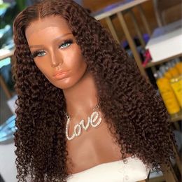 Kinky Curly Glueless Synthetic Hair Dark Brown Colour Lace Front Wigs For Black Women Preplucked Long Fibre Natural Hairline