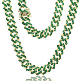 New 14mm Gold Colour Green CZ Cuban Link Miami Necklace Full Iced Out Bling Zircon Hip Hop choker Necklace Fashion Women Jewellery