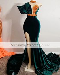 Dark Green Prom Dresses For Women 2022 Velvet Beads African Aso Ebi Party Gowns Outfit be de cocktail femme