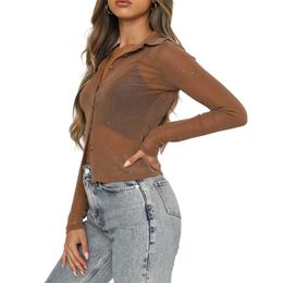 Women's Blouses & Shirts Fashion Women Shirt Solid Color Turn-Down Collar Long Sleeve See-Through Crop Tops For Female Brown/Black S/M/L/XLW