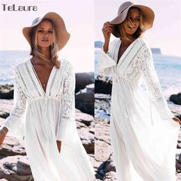 Sexy Beach Cover Up Swimsuit White V Neck Hollow Out Beach Long Dress Women Bikini Swimwear Bathing Suit Summer Beach Tunic 210319