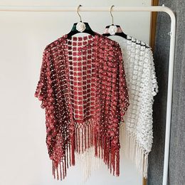 Women's Blouses & Shirts Hollow Out Flower Lace Cardigans Women Bead Work Wraps Femme Pearl Cardigan Lady Tops