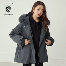 FANSILANEN Hooded casual oversized down jacket Women real fur collar wram winter coat Female pleated feather down parka overcoat 201019