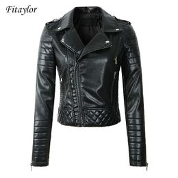 Fitaylor Spring Autumn Women Faux Leather Jackets Lady Motorcyle Zippers Biker Black Coats Vintage Slim PU jacket Leather 201030