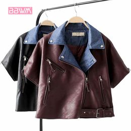 Elegant womens autumn leather stitching bomber jacket Thin PU female lapel 201026