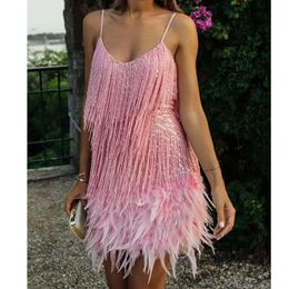 Casual Dresses Pink Sequined Feather Summer Dress Women 2022 Luxury Designer Mini Vestidos Sexy Strapless Tassel Evening Party Club DressesC