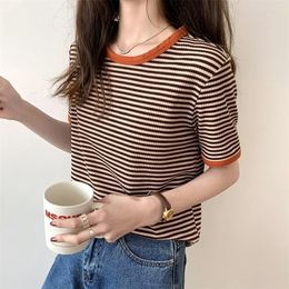 Vintage Japan Plus Size O Neck Short Sleeve Contrast Striped Tshirt Summer Bottom Tops Clothing Fashion Wild Tees Cotton 220402
