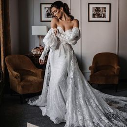 2022 Mermaid Wedding Dresses with Detachable Train Lace Sweetheart Boho Marriage Robe De Mariee Removable Long Sleeves