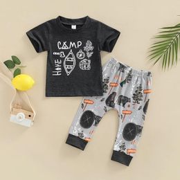 Summer Europe Infant Baby Boys Set Kids Letter Short Sleeve T-shirt Cartoon Bear Pants 2pcs Set Children Outfits