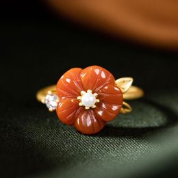 Cluster Rings Vintage South Red Agate Flower Adjustable Ring 925 Silver Charm Natural Gifts Women Crystal Jewelry Amulet Men Chalcedony Zirc