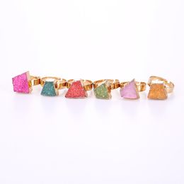 Colorful Irregular Natural Crystal Druzy Stone Adjustable Band Rings For Women Girl Party Club Decor Gold Plated Jewelry