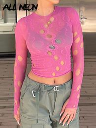 ALLNeon 2000s Aesthetics Vintage Pink Hollow Out Crop Tops Y2K Fashion E-girl O-neck Printing Long Sleeve T-shirts Women