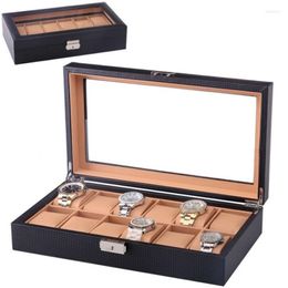 Watch Boxes & Cases 3/6/12 Slots Carbon Fibre Box Leather Black Display With Lock Mens Watches OrganizerWatch Hele22