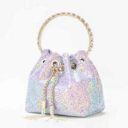 bags Colour Shiny Sequin Bucket Handbags Women Luxury Trendy Tassel Crystal Metal Ring Handle Blue Clutch Purse Wedding Party 220609