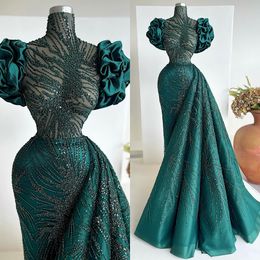 High Neck Beaded Mermaid Prom Dresses With Detachable Train Green Sequined Evening Dress