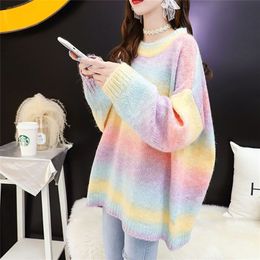 Lucyever Kawaii Women Sweater Pullover Rainbow Girls Japanese Knitted Jumper Loose Oversize Autumn Long Sleeve Pink Top 201222