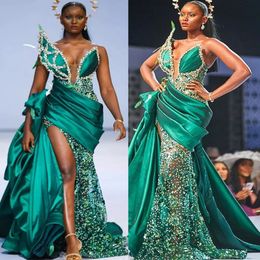 2022 Plus Size Arabic Aso Ebi Hunter Green Mermaid Prom Dresses Beaded Crystals Luxurious Evening Formal Party Second Reception Birthday Engagement Gowns Dress