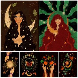 paintings witches Australia - Paintings Boho Moon Witch And Dream Witchcraft Wall Art Canvas Painting Decor Gypsy Wicca Poster Print For Living Room