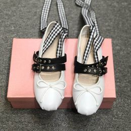 Designer Luxury 100% real leather Mary Jane Flats Ballet Shoe Leather Cross Straps Leather Brand Design Buckle Belt Fairy Shoes