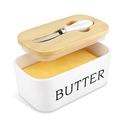 Butter Box Nordic Ceramic Container Storage Knives Tray Dish Cheese Food Tool Kitchen Keeper Wood Cover Sealing Plate+ Knife Sealed Can