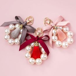 Keychains Fashion Peal Alloy Keychain Cute Girl Bowknot Pearl Tassel Key Chain Pendant Accessories Women Car Jewelry Miri22