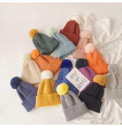 M484 Autumn Winter Baby Kids Knitted Hats Fur Ball Skull Caps Candy Colour Children Knitting Warm Beanie Hat