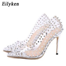 Sandals Rivet Pvc Transparent Pumps Heel Stilettos High Heels Point Toes Womens Party Shoes Nightclub Stripper 220232