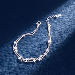 Original 925 Silver Charms Bracelets Wedding Jewelry Double Layered Chain With Stars & Round Beads Bracelets Bangles For Women
