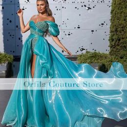 Organza Ruffles Beads Evening Dresses 2022 Off Shoulder Lake Blue Women Prom Party Gowns Celebrity Carpet Dress