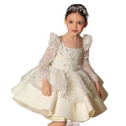 Flowers Girls Dresses For Wedding Long Sleeve Appliques Beads Ball Gown Kids Pageant Gowns First Holy Communion Dress