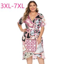 Plus Size Dresses Summer Long Dress For Women Large Slim Casual Short Sleeve Flower Low Cut V Neck Belt 4XL 5XL 6XL 7XLPlus