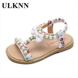 ULKNN 2021 Kids Sandals Summer New Fashion Children's Sandal Girls Open Toe Beaded Princess Shoes Non-slip Baby Shoes G220418