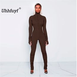 Uhhfuyf New arrival brown Solid long sleeve fitness zipper adjustable elegant birthday party night sexy club women jumpsuit T200509
