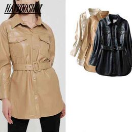 za 2021 New Design PU Leather Women Winter Solid Sashes Coat Female Quality Outwear Women Jacket Plus Size L220728