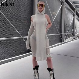 Kliou Knitted Dres Sexy See Through X-Long Hoody Tops+One Shoulder Drawstring Ruched Robe Skirt Hipster Future Streetwear 220402