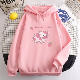 Women's Hoodies Sweatshirts Kawaii Strawberry Cow Oversized Hoodie Casual Versatile Cute Girls Long Sleeve Unisex Tops 230206