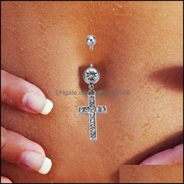 Navel Bell Button Rings Body Jewellery European And American Sier Cross Zircon Pendant Belly Ring Medical Hypoallergenic Human Piercing Acce