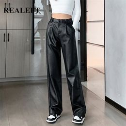 REALEFT Black Faux Leather Wide Leg Pants for Womens Autumn Winter Elastic Waist Female Loose Streetwear Trousers 220325
